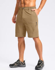 Pudolla men's hiking cargo shorts 9-inch dark khaki side pocket open for quick-access essentials.