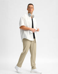 Pudolla pants side view highlights adjustable elastic waist and drawstring for a customized fit.