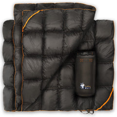 Puffer Wolf packable blanket in a stuff sack for easy travel.