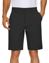 PULI men's golf shorts solid black fabric with 9-inch inseam for all-day comfort.