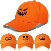 Orange Halloween pumpkin baseball cap with embroidered face - front view