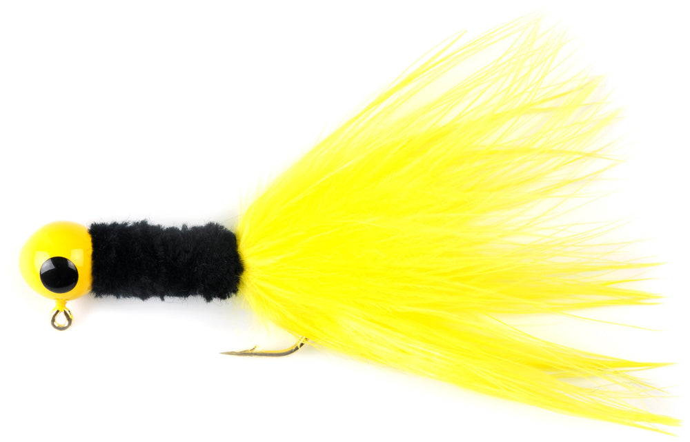 Pure Fishing Johnson Beetle Bou lure in yellow black yellow with lifelike marabou action for crappie