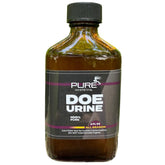 Pure Whitetail Doe Urine in amber glass bottle ready for fresh mock scrape setups.