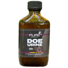 Pure Whitetail Doe Urine in amber glass bottle ready for fresh mock scrape setups.