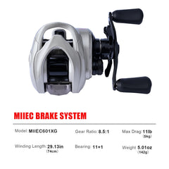 Pure Lure MIIEC DC brake display showing electromagnetic braking for precise casting control.
