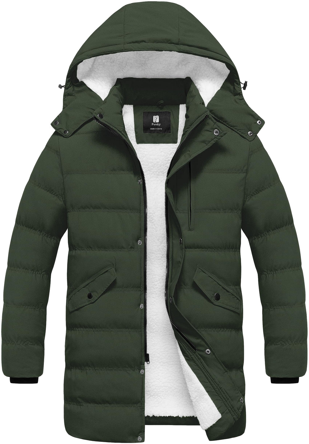 Pursky men's puffer jacket army green front view showcasing long warm silhouette for winter