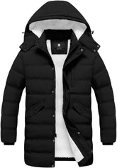 Pursky winter coat front view shows long insulated silhouette for all-day warmth