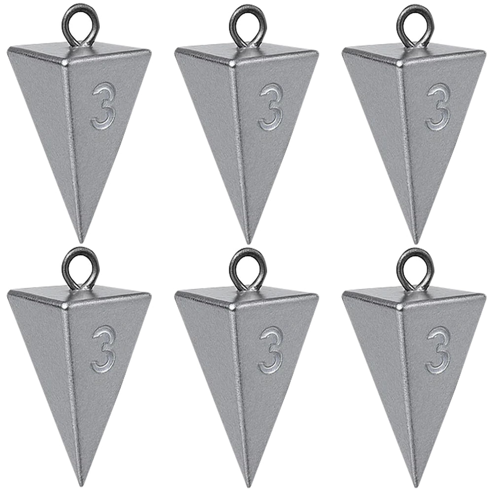 Six-pack of 3 oz pyramid sinkers for surf fishing and catfishing.
