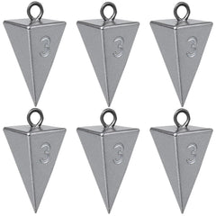 Six-pack of 3 oz pyramid sinkers for surf fishing and catfishing.
