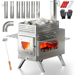 PYY sauna wood stove with side window showing warm glow for outdoor relaxation