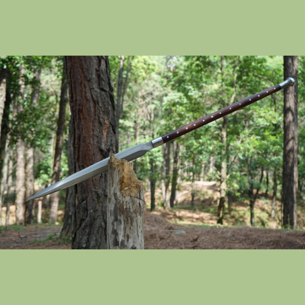 QEPAA CRAFTS Viking spear blade close-up showing durable carbon steel edge for authentic display.