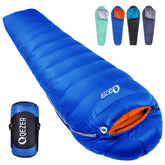 QEZER 0-degree sleeping bag in compression sack, ideal for backpacking.