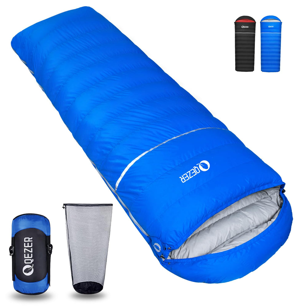 QEZER Down Sleeping Bag for adults with closed pack for backpacking ease.