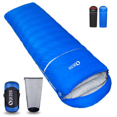 QEZER Down Sleeping Bag for adults with closed pack for backpacking ease.