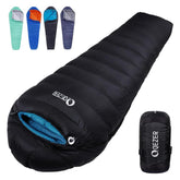 QEZER down sleeping bag in compact pack for ultralight travel.