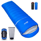 QEZER down sleeping bag with compression sack for compact backpacking storage.