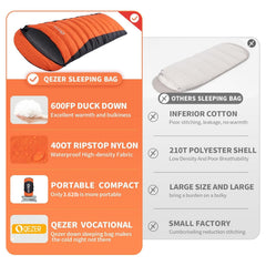 QEZER down sleeping bag dual-zip design keeps draft-free entry.