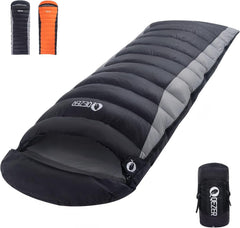 QEZER Down Sleeping Bag front-angled view shows ultralight portability for backpacking