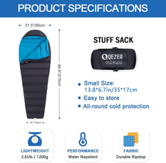 QEZER down sleeping bag outer nylon fabric provides weather resistance.