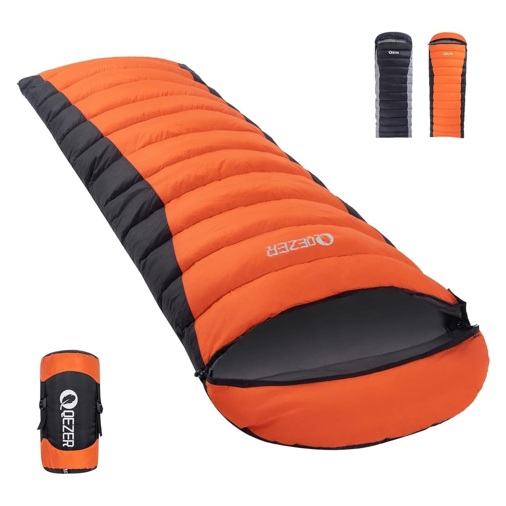QEZER down sleeping bag outer view highlighting cold-weather coverage