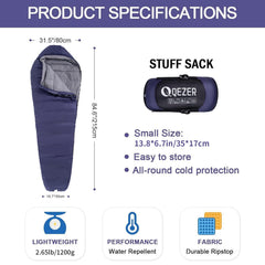 QEZER down sleeping bag shows ultralight mummy fit for backpacking warmth.