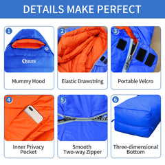 QEZER Down Sleeping Bag waterproof nylon outer layer protects in damp weather.