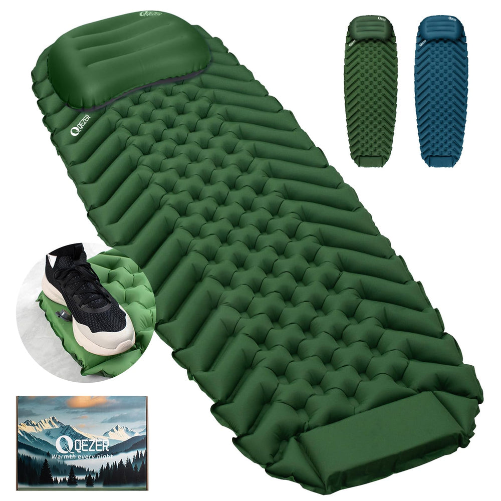 QEZER ultralight sleeping pad in compact form for easy backpacking and quick rest.