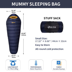 QEZER ultralight mummy bag shows 620 fill power for backpacking warmth.