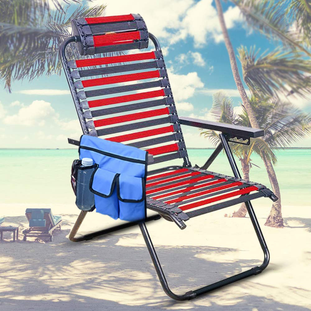 Qiilu Beach Chair Storage Bag attached to a chair for easy access.
