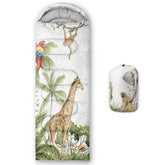 QOOMO sleeping bag with giraffes, monkeys, parrots for family camping adventures.