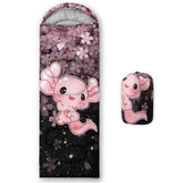 QOOMO Axolotl Cherry Blossom sleeping bag front view for camping comfort