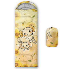 QOOMO Axolotl sunflower sleeping bag with bright print for family-friendly outdoor adventures.