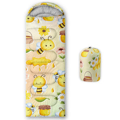QOOMO Bee Honey sleeping bag outer view highlights waterproof shell for damp-weather camping.
