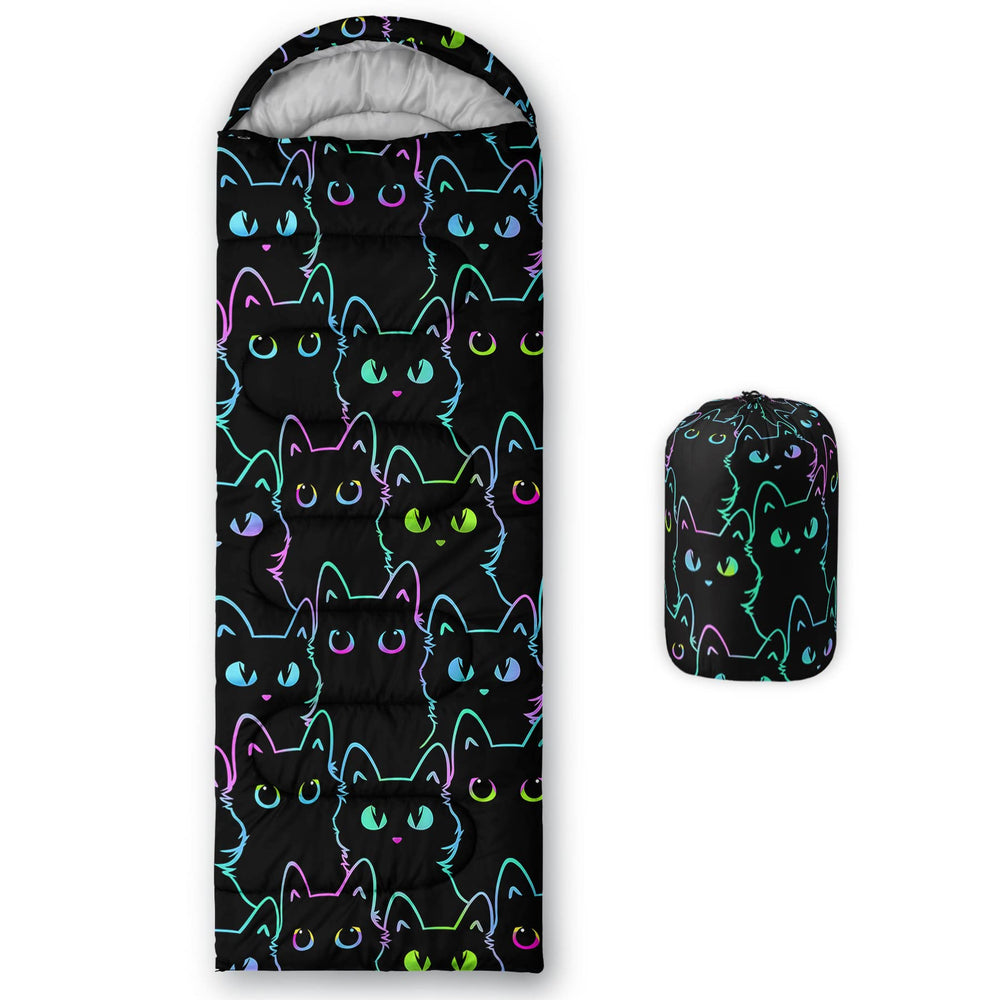 QOOMO black cartoon cat sleeping bag hooded design for cozy camping.