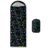 QOOMO black cartoon cat sleeping bag hooded design for cozy camping.