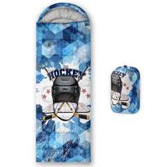 QOOMO blue honeycomb hockey sleeping bag open hood for adjustable warmth.