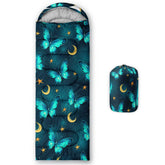 QOOMO Butterfly Moon sleeping bag packed compact for travel and storage.