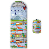 QOOMO sleeping bag full view with cartoon aviation design for family camping