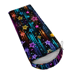QOOMO Color Star sleeping bag folded compact in carry bag for easy travel.
