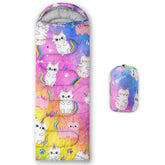 QOOMO colored unicorn cat sleeping bag in forest, ideal for kid-friendly camping.