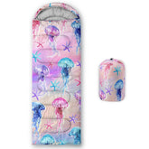 QOOMO Colourful Jellyfish Sleeping Bag with drawstring hood for snug warmth during cool nights.