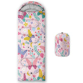 QOOMO Colourful Butterfly sleeping bag open with vibrant print for camping comfort.