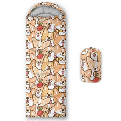 QOOMO corgi puppy print sleeping bag front view highlights 3-season warmth for outdoor adventures
