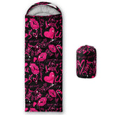 QOOMO Fashion Kisses sleeping bag with waterproof outer cover for wet-weather camping.