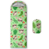 QOOMO Kawaii Sloth sleeping bag with closed hood for snug warmth on camping nights.