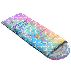 QOOMO Mermaid sleeping bag with hood drawstring for snug warmth during cool nights.