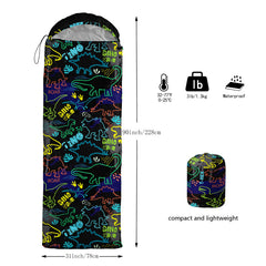 QOOMO neon dinosaur sleeping bag hood drawstring demonstrates snug warmth and adjustable fit