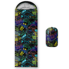 QOOMO neon dinosaur sleeping bag outer-material close-up shows waterproof, breathable fabric for outdoors