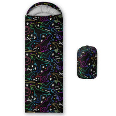 QOOMO Neon Dinosaur sleeping bag front view is lightweight and great for family camping.