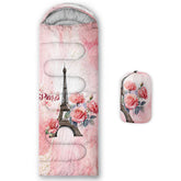 QOOMO Paris Eiffel Tower sleeping bag front view highlighting lightweight camping comfort